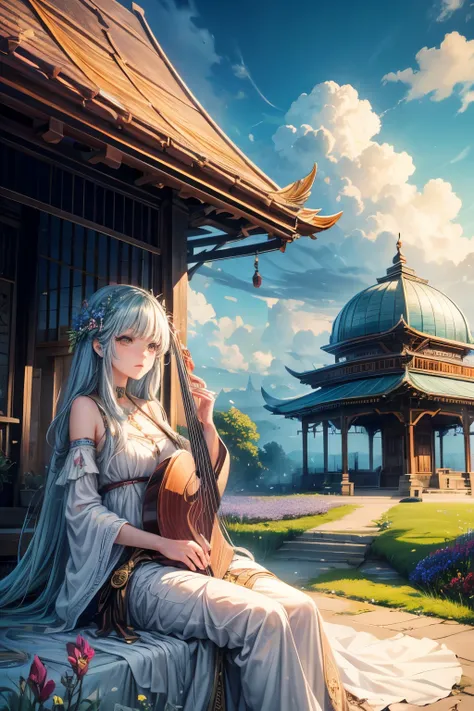 "oil, ((Mysterious Girl)), The sound of a harp echoing through the air, A pavilion surrounded by wildflowers, ((Dramatic cloud formation)), A rich palette, Fantasy World, Magical Aura"