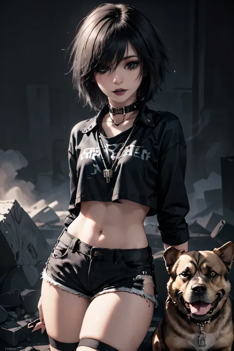 Girl, woman, emo_hairstyle, black lipstick, dog collar, eyeliner, eye shadow, smoky eyes, realistic lighting, short hair, tighhighs, short shorts, midriff, short clothes, thick thighs.