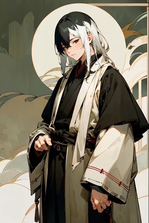 1male, white hair, black hair, half color hair, black eyes, black blindfold, haori, forest background, detailed background, hands to side, standing on path