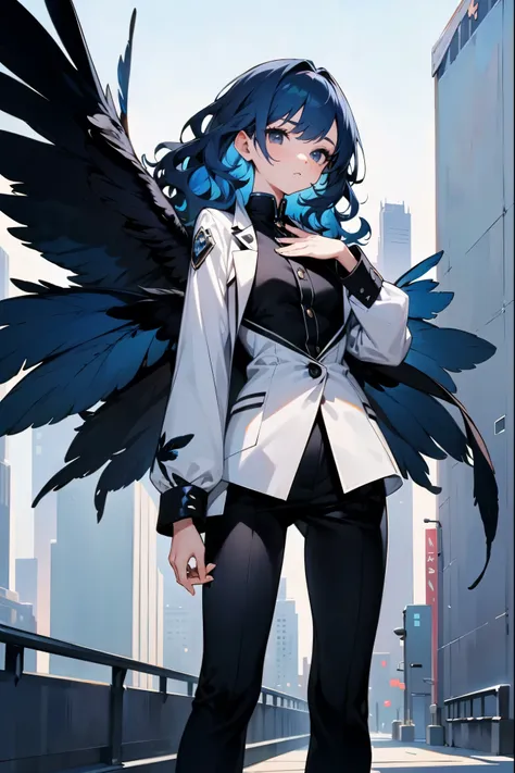 1female, blue hair, wavy hair, black eyes, blue feather wings, black puffer coat, white shirt, black pants, city background, det...