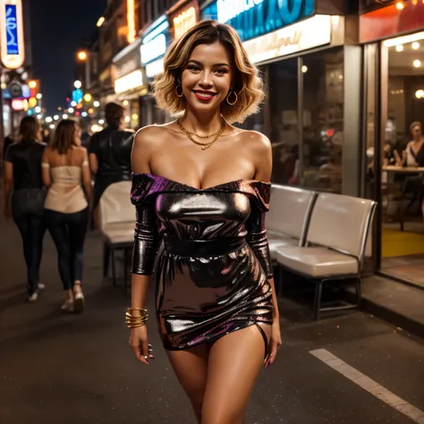 lagermania is experiencing the vibrant nightlife of a bustling city during her vacation, her 1980s-inspired outfit making her st...