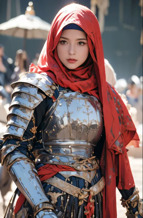 Elegant armor,princess, Full body, wearing a hijab , crown luxury , blue eye, blond hair, around 17 years old, (red silver hijab), tmasterpiece，Best quality at best，A high resolution，8K，((Portrait))，(upper body)，Original photo，real photograph，digital photo...