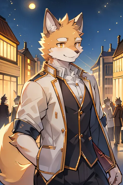 Exquisite lines，best quality。university student，male，Golden fur,Golden ears,body torn, Background of the entrance of the city community in the evening,Direct vision,smiling,Happy Mood,greet，Golden Eyes，Wolf Orc