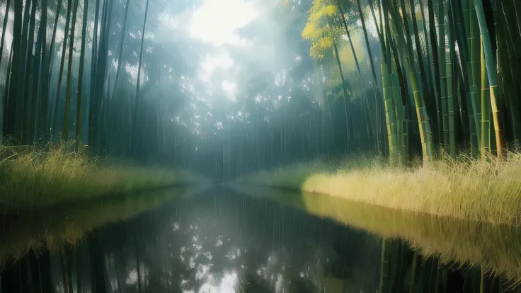 Bamboo forest in the rain, Road made of wooden planks, Water on the ground, reflection. style, masterpiece, ratio, detailed, Art Station Trends, Beautiful lighting, Realistic, Complex, Award-winning, 4K, highest quality Award-winning, 4K digital painting i...