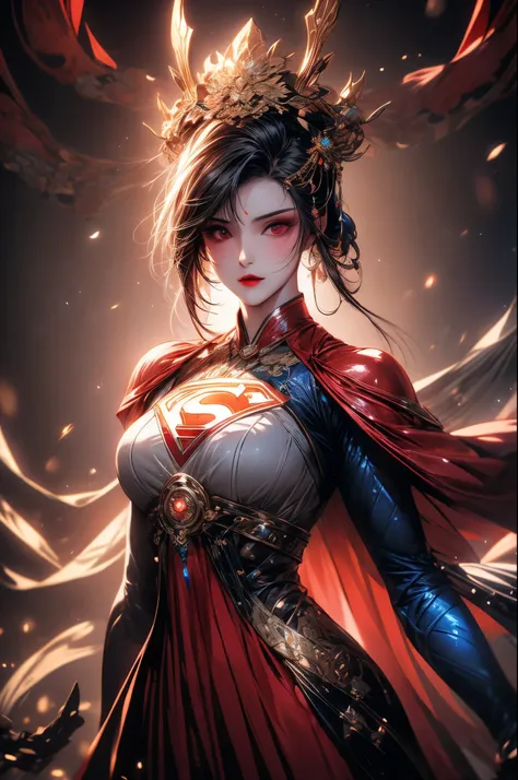 This is an artistic digital illustration portraying the bust of a female figure with supergirl costume and cybernetic enhancements and an elaborate mechanical headdress. The figures facial expression is passive yet intense, with striking red eyes and blue ...