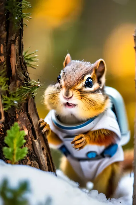 RAW Photos, delicate, highest quality,Hyper Detail, In detail,  8k, 32k, masterpiece,(Ultra-high resolution:1.2),Chipmunk in a spacesuit、Take a helmet、The mission to the moon is ready, In the snowy forest、Cloudy Trees々and crunchy, cold,Hide in burrows and ...