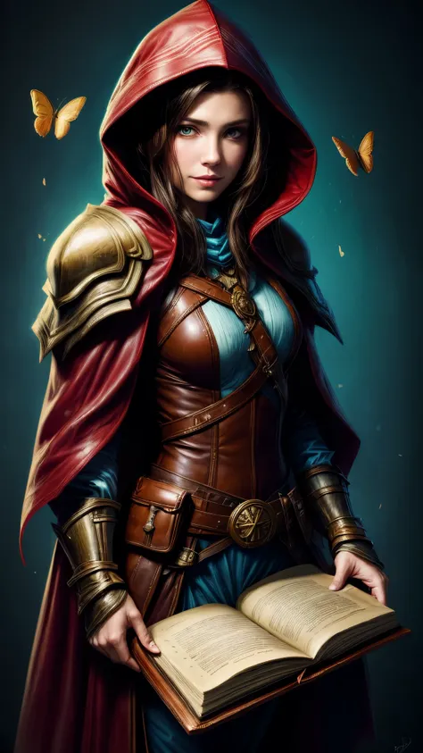 speed painting of portrait of a fantasy female brunette human adventurer, with a blue hood, in leather armour, in a temple, d&d ...