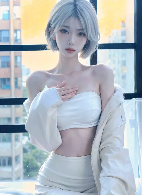 Beautiful woman with perfect figure:1.4，Ultra-high resolution，（lifelike：1.4），Layered Hairstyle，White skin，Prominent cleavage，Bikini:1.5，Super short pleated skirt，whole body，Very delicate face and skin texture，Double eyelids，Skin Whitening，short hair，White ...