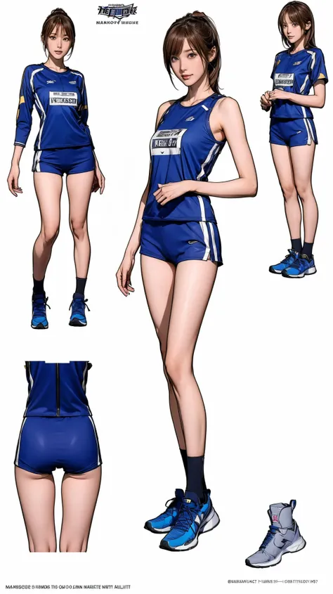 ((masterpiece)),(((highest quality))),((Character design sheet)),Thin thighs,Long legs,Its not a big deal ,Wearing a marathon uniform and marathon shoes