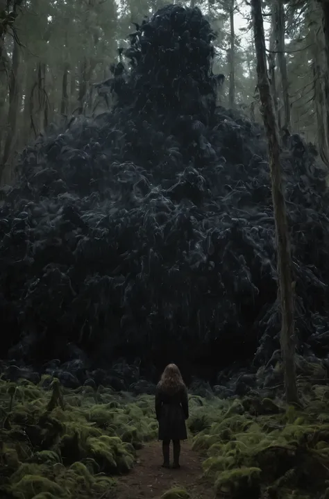Engulfed By black, Deep in the forest a girl stands surrounded by ghosts, lovecraftian, horror, still from the movie "the thing" 