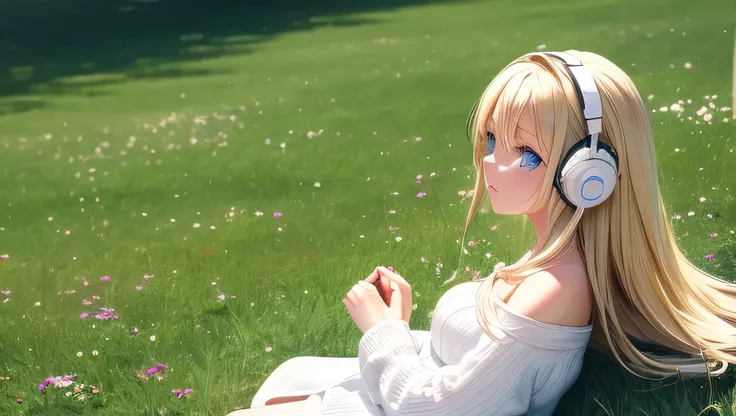 1 girl, off-shoulder white sweater, long blonde straight hair, blue eyes, sit in the green grass, some flower, enjoying Daydream in the park using headphone