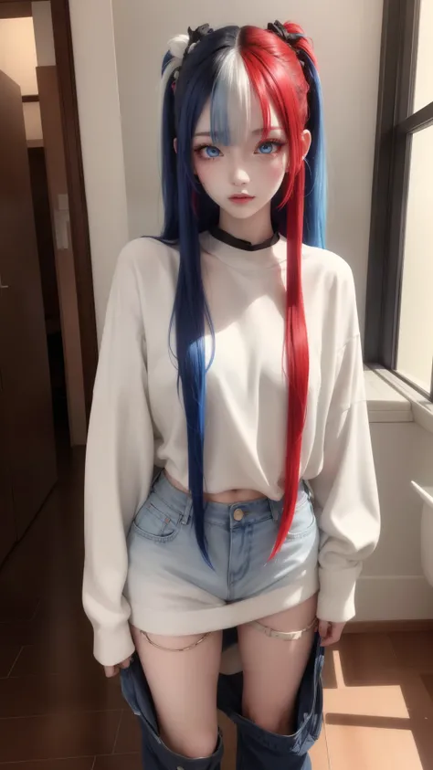 masterpiece, best quality, highly detailed,1girl,indoors, adult, split-color hair, red and blue hair, hair over eye, clothes, blue eyes、From head to toe、