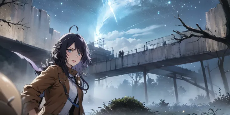 MC, ahoge, (long hari, purple hair:1.3), hair ornament, dark-blue eyes, anatomically correct, heavy breathing, mature female, sky, solo, night, night_sky, star_(sky), starry_sky, 1girl, outdoors, coat, fog, steaming body, cloud, tree, jacket, mountain, win...