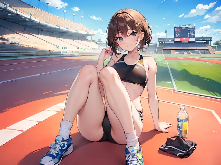 (masterpiece、highest quality、High resolution、Realistic photo、Real looking skin:1.1)、
(Women are athletics athletes、Standing and taking a break:1.8)、
(Please provide a close-up of the knees.:1.8)、
(She has a smiling face:1.5)、
(She is wearing a bikini-style...