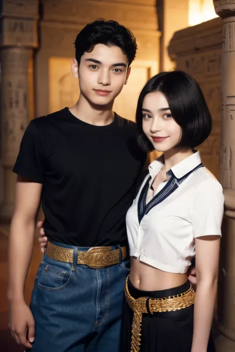 244 (An 18-year-old female and an 18-year-old male), short hair,kind, lipstick, Egyptian civilization, Waist belt, Hieroglyphics, smile