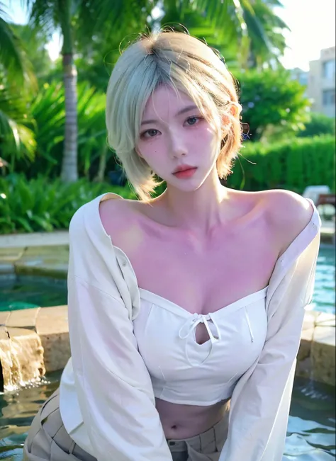 Beautiful woman with perfect figure:1.4，Ultra-high resolution，（lifelike：1.4），Layered Hairstyle，White skin，Prominent cleavage，Bikini:1.5，Super short pleated skirt，whole body，Very delicate face and skin texture，Double eyelids，Skin Whitening，short hair，White ...