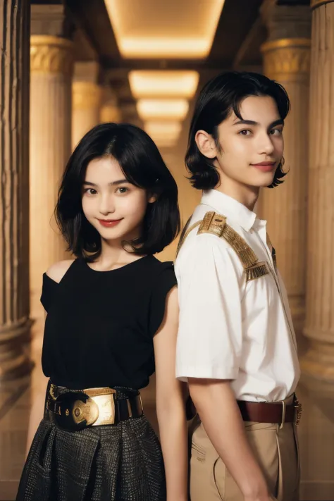 244 (An 18-year-old female and an 18-year-old male), short hair,kind, lipstick, Egyptian civilization, Waist belt, Hieroglyphics, smile