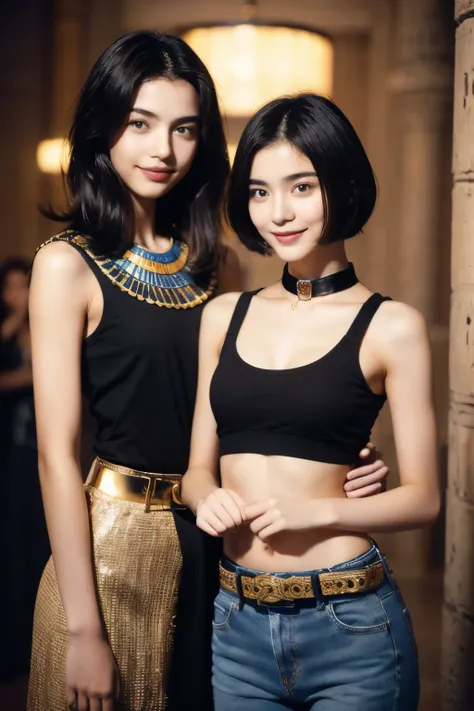 244 (An 18-year-old female and an 18-year-old male), short hair,kind, lipstick, Egyptian civilization, Waist belt, Hieroglyphics, smile