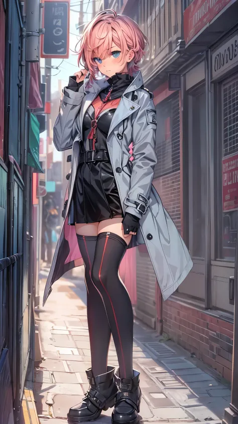 highest quality,Super detailed,((whole body)),((One boy)),((short hair)),((Male Body)),((cross-dress)),blush,I was upset,((No breasts)),((trench coat)),((Knee-high boots（black）)),Vibrant colors,Soft lighting,background:street