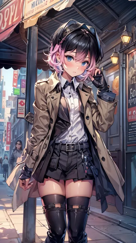 highest quality,Super detailed,((whole body)),((One boy)),((short hair)),((Male Body)),((cross-dress)),blush,I was upset,((No breasts)),((trench coat)),((Knee-high boots（black）)),Vibrant colors,Soft lighting,background:street