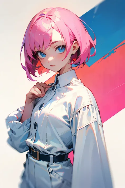 Young woman with short pink hair and blue eyes. White clothes. 