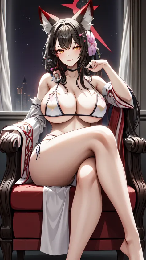 best quality, masterpiece, highres, solo, 1girl, smile, very happy, funny, flash of hearts, wink, 20years,yellow eyes, fox girl, kitzune,(wakamo_bluearchive:1.10), (white bikini:1.35), (wide sleeves:1.20), sexy , (((sitting on chair with legs crossed))), "...