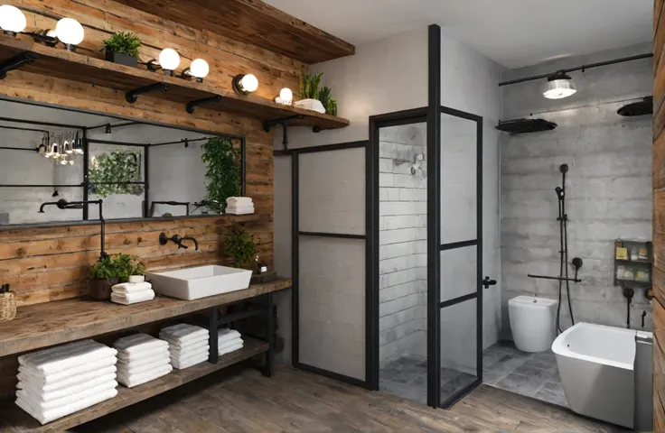 Design a modern bathroom with an industrial touch. (Main features: (concrete sink with metal frame, exposed pipe shower, and industrial-style toilet)). (Additional accessories: (metal towel rack, vintage Edison bulb lighting, and reclaimed wood shelving))....