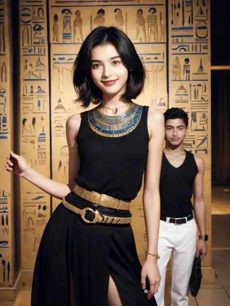 244 (An 18-year-old female and an 18-year-old male), short hair,kind, lipstick, Egyptian civilization, Waist belt, Hieroglyphics, smile