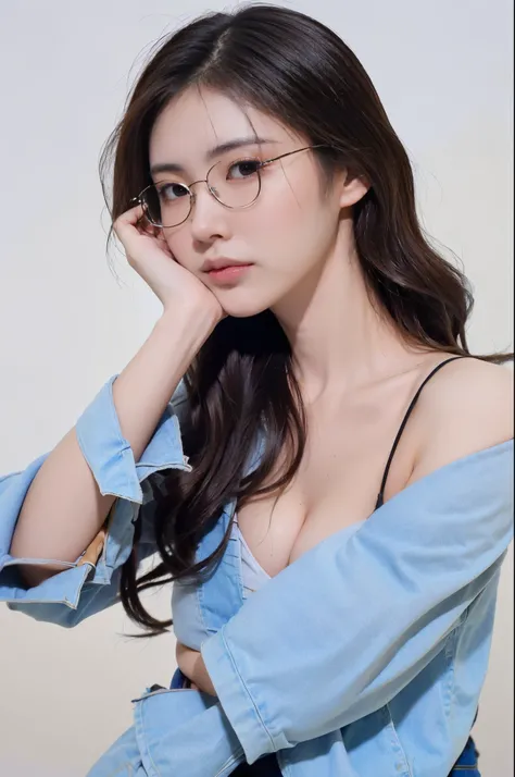 ((Best Quality, 8K, masutepiece: 1.3)), One woman,  Beautiful Japan woman with slender abs: 1.3, (light brown curly short hair,: 1.2), Small breasts, thin waist, very stylish clothes、 gold-rimmed glasses, A detailed face, Detailed eyes, Double eyelids, Ful...