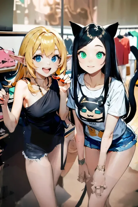 a young girl with raven black hair, emerald green eyes, and cat ears and tail, wearing a white crop top and denim shorts, posing in a clothing store next to a mature woman with pointy elf ears, golden hair, and blue eyes, wearing a black form-fitting dress...