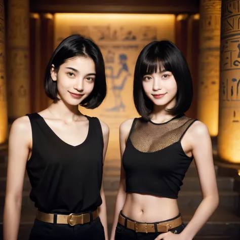 244 (An 18-year-old female and an 18-year-old male), short hair,kind, lipstick, Egyptian civilization, Waist belt, Hieroglyphics, smile