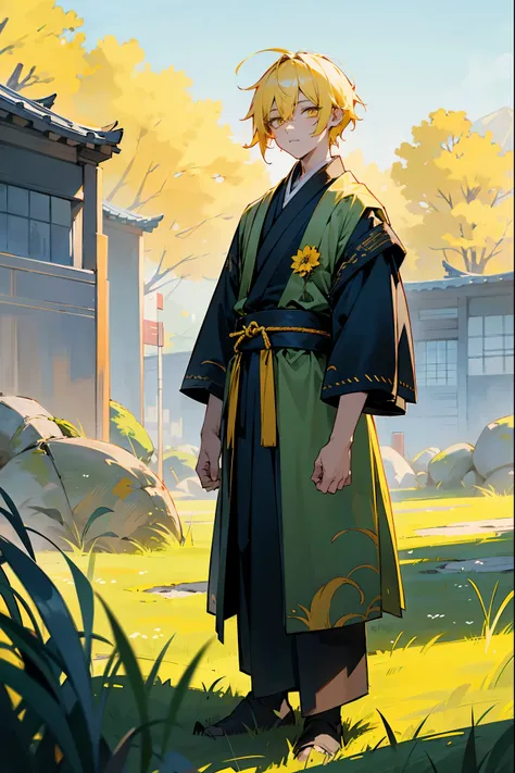 1male, yellow hair, yellow eyes, expressionless, yellow and blue haori, grassy terrain, city background, detailed background, hands to side, standing on path