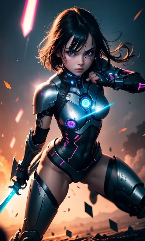 Best quality, raw photo, ultra detailed, 1girl, in the battlefield, cyborg body, big swords, neon eye.