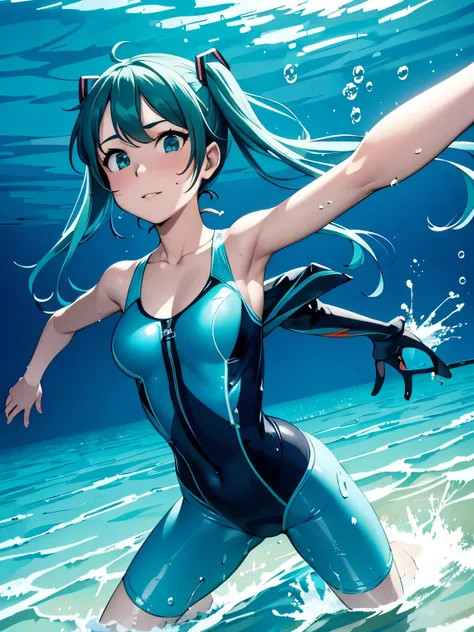 miku hatsune,swim with dolphins in the ocean,Beautiful breasts,Diving suit,snorkel,The corals