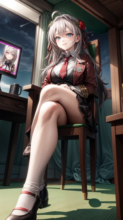 Alisa Kujou, 

(night:1.7), 1 girl standing at attention, 22 years,hembra joven,hermoso Finger, hermoso long legs ,hermoso body ,hermoso Nose ,hermoso character design, ojos perfectos, perfect rostro,

(((sitting on chair with legs crossed)))1 chica, muslo...