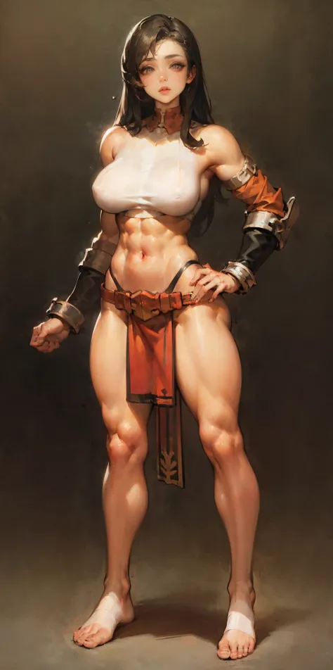 ((BLACK BACKGROUND,1:2, masterpiece)) full body toe to head, masterpiece, 1soloMILF BIMBO standing loincloth pose, leather collar choker neck bell shackles wristbands bracers bracelets sleeves and stockings, strong body, abs, shiny skin (masterpiece, best ...