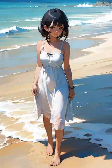 (high quality, High resolution, Very detailed, reality:1.37), Peaceful atmosphere, (Sandy Beach), Teenage girl standing alone, (my breasts are big.), Beautiful details, Cute Smile, (Black bob hair), White camisole dress, barefoot.