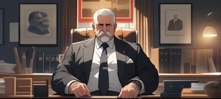 childrens picture books,crayon paintings, the office of a mafia boss 1 old man, fat, mafia boss, 45 years old, black expensive suite, white short hair, tattos, red tie, moustache and beard
