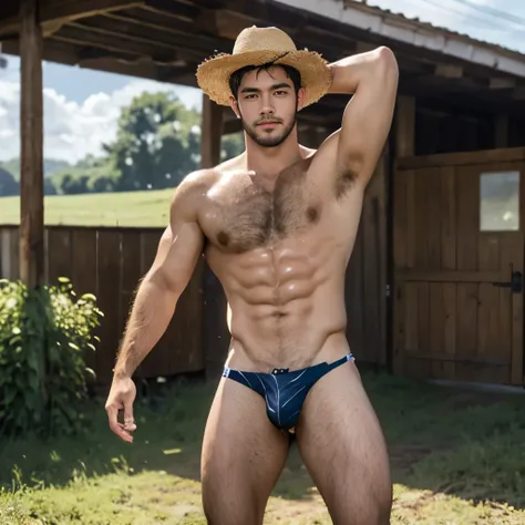 Cowboys,WEaring dirty underwear, WEaring straw hat,  Muddy barn place scenery, cow, Very hairy body, wet muddy body, mud covering all over the body, very hairy armpits, hairy pubic, hairy crotch, WEaring thong, Very hairy body, wearing dirty micro thong, v...