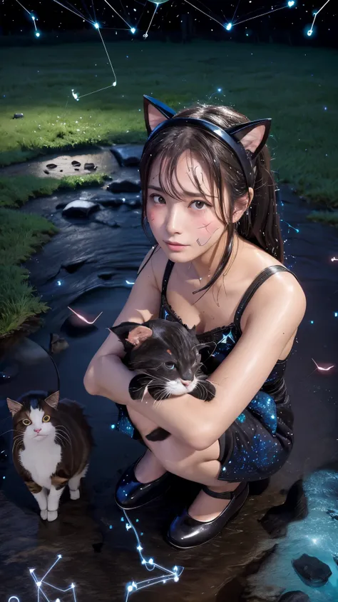 , Beauty, with cows , close up, Blushed face, Crouching, wet, Cat ears, Starry Sky, (constellation:1.5)
