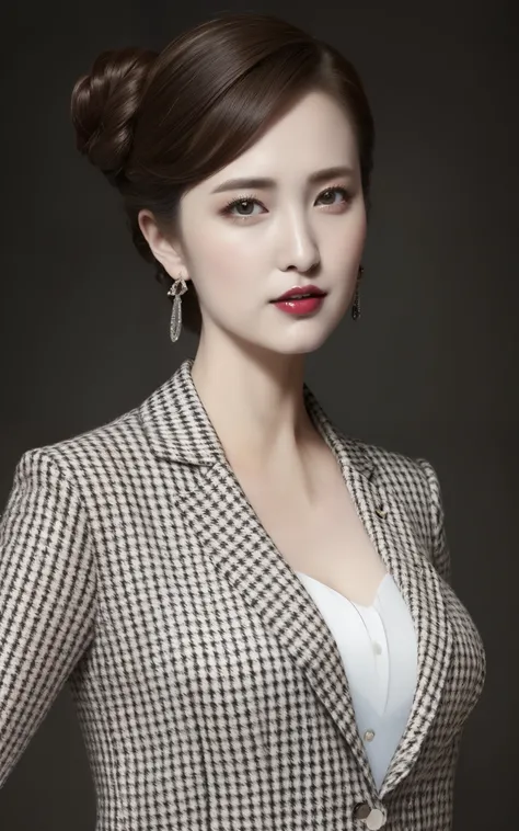 masterpiece,best quality, (1 milf), ((portrait:1.5)), makeup:1.2, houndstooth pattern blazer, elegant black shirt, updo hair:1, contrapposto, ((seduction expression)),