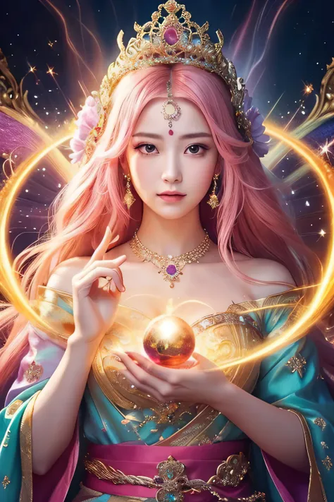 Super detailed,Body facing forward,Staring straight into the camera,Standing in the center,Realistic,goddess,beautiful,Beautiful lip details,Flowing pink hair,Sparkling Decoration,A woman is holding a large sphere,Mysterious Aura,Otherworldly beauty,Gracef...