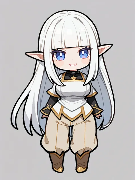 {{{kame (kamepan44231), no humans, chibi, jitome, fumo (doll)}}}, full body, 1 woman, solo, mature female, elf elegant, princess, pointy ears, blue eyes, long hair, straight hair, white hair, blunt bangs, lips, large breasts, happy, white tabard, gold trim...