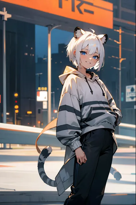 1female, white hair, short hair, blue eyes, tiger striped hoodie, hoodie, black pants, expressionless, grinning, city background, detailed background, hands to side, standing on path