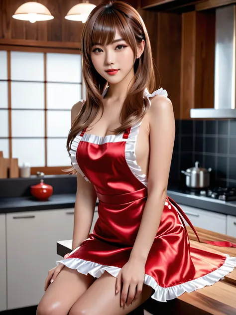 product quality, 1girl, full body shot, front view, a Japanese young pretty girl, shoulder length hair, wearing only a silky satin crimson red apron with white frills over her naked body, sitting on a table in a kitchen, glamorous figure, busty, hyper cute...