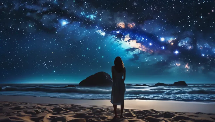 starry night sky with a woman standing on the beach, girl looks at the space, looking out into the cosmos, looking at the stars, looking up at the stars, looking to stars, looking at the sky, lost in the immensity of space, on a galaxy looking background, ...