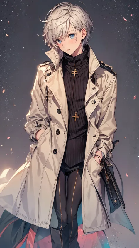 highest quality,Super detailed,((whole body)),((One boy)),((short hair)),((Male Body)),((cross-dress)),blush,I was upset,((No breasts)),((trench coat)),((Knee-high boots（black）)),Vibrant colors,Soft lighting,background:street