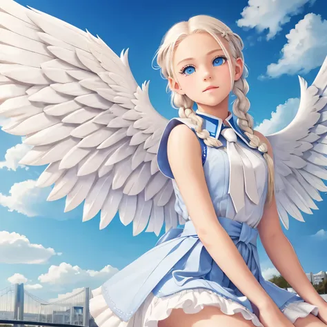 14 year old girl, platinum blonde hair in braids, soft pretty face, blue eyes, long eye lashes, beautiful angelic wings, feminine teenage angel, serene expression, wings open wide, school in the background