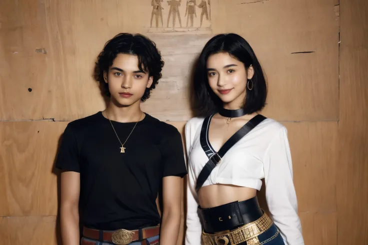 244 (An 18-year-old female and an 18-year-old male), short hair,kind, lipstick, Egyptian civilization, Waist belt, Hieroglyphics, smile