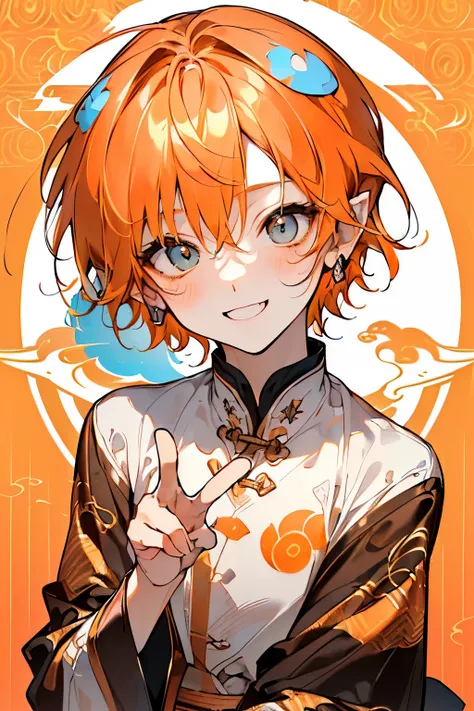 ,(((mens:1.3))),((淡いorange hair:1.3)),(Shiny marble eyes:1.45),(forehead mark),(NSFW:1.05),((very short hair:1.2)),((drooping dog ears:1.2)),(A lustrous, soft face:1.4),((blush、Mischievous Smile、Excited face:1.2)),((head down:1.3)),(double peace:1.5),((POP...